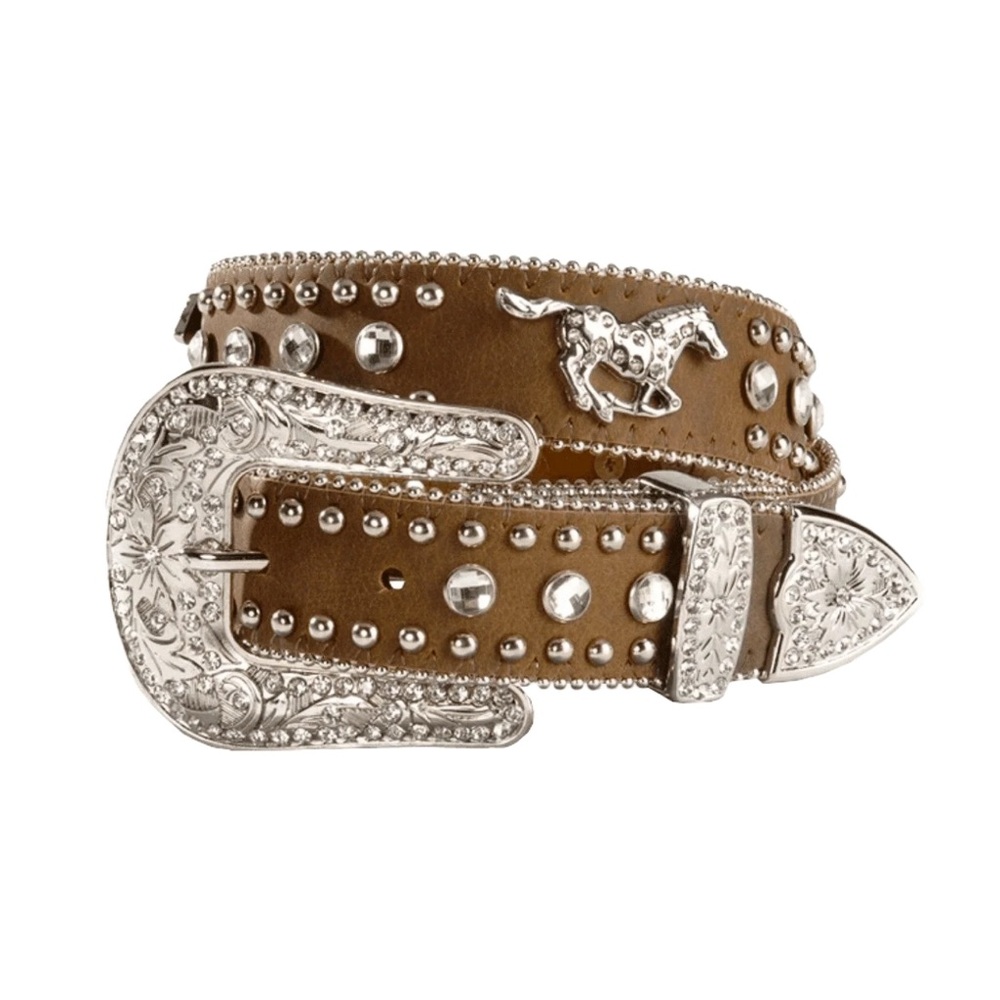 Nocona Brown Running Horse Kids Belt with Silver Accents